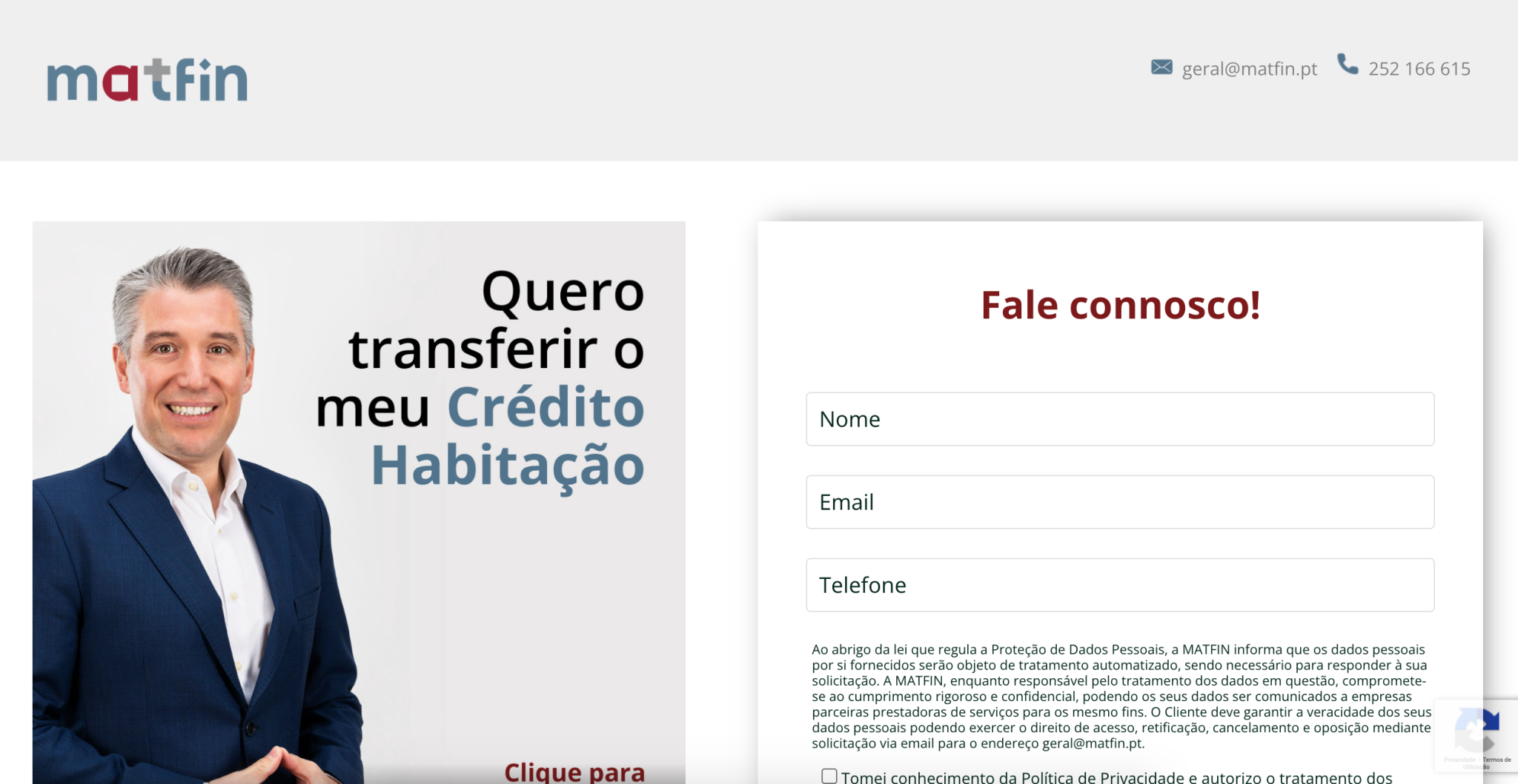 Exemplo de contactos na Landing Page da MATFIN