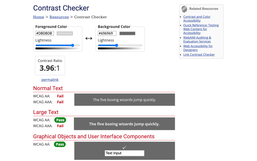 Exemplo da ferramenta ContrastChecker da WebAIM