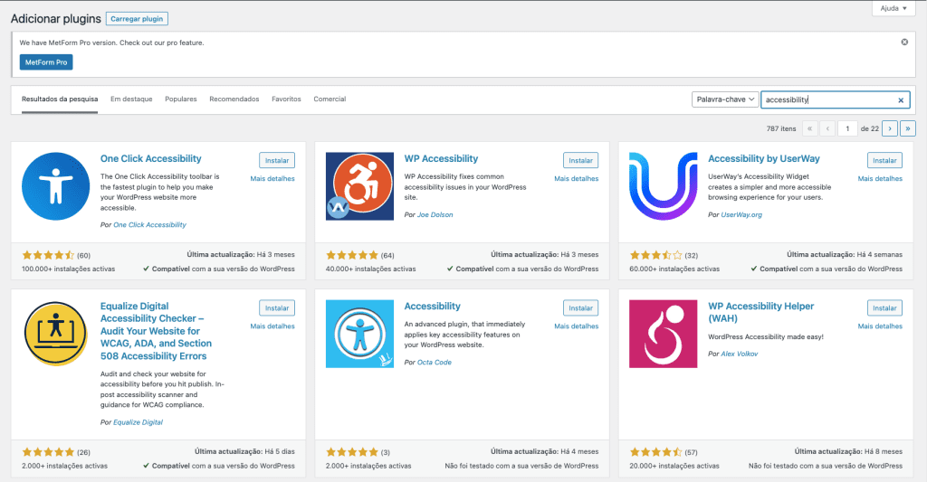 Resultados da pesquisa de plugins do wordpress pela palavra-chave "acessibilidade"