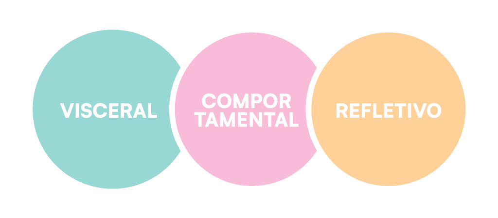Nesta imagem apresentamos os três níveis de emotional design: visceral, comportamenta e refletivo