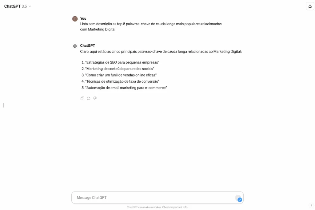 Imagem com uma lista de as top 5 palavras-chave de cauda longa mais populares relacionadas com Marketing Digital - BOOMER