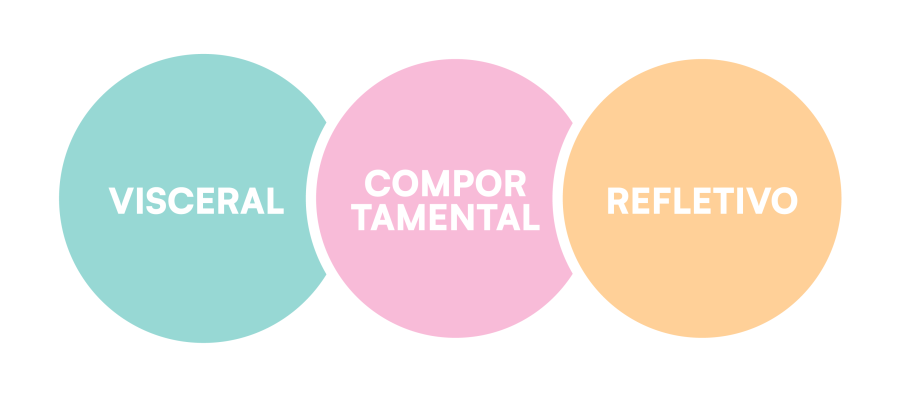 Nesta imagem apresentamos os três níveis de emotional design: visceral, comportamenta e refletivo